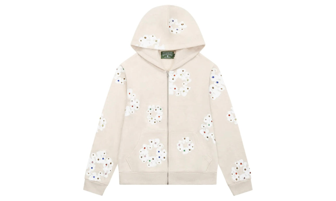 DENIM TEARS RHINESTONE THE COTTON WREATH ZIP UP HOODIE ‘OATMEAL’