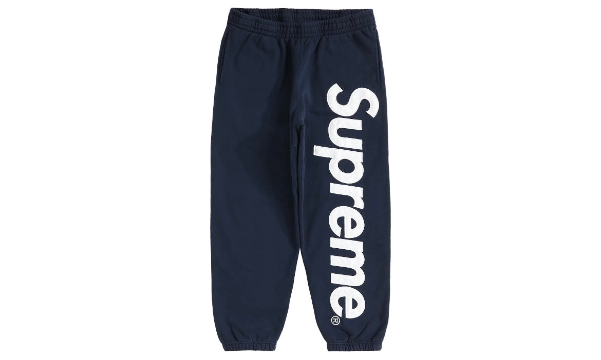 SUPREME SATIN APPLIQUÉ SWEATPANTS ‘NAVY BLUE’