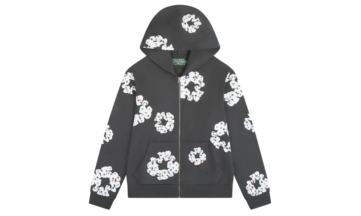 DENIM TEARS RHINESTONE COTTON WREATH ZIP UP HOODIE ‘VINTAGE BLACK’